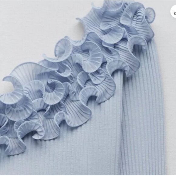 ZARA Flower Top Knit Blouse One Sleeve Asymmetric Top Size L ,Color Blue NWT - Picture 12 of 16